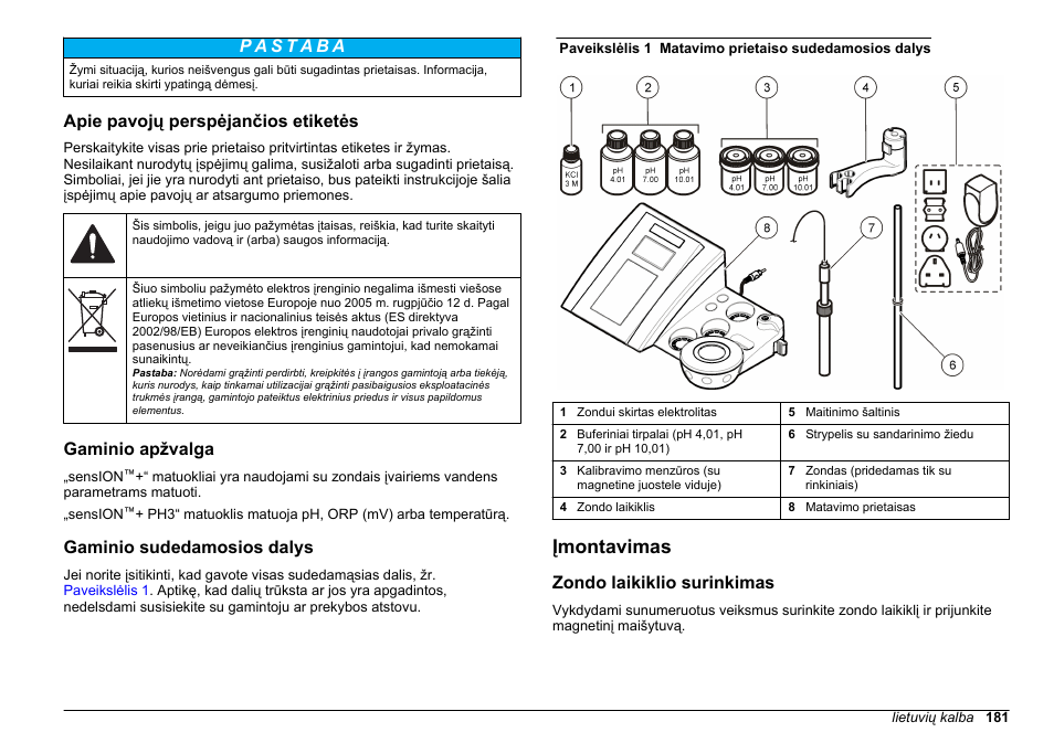 Apie pavojų perspėjančios etiketės, Gaminio apžvalga, Gaminio sudedamosios dalys | Įmontavimas, Zondo laikiklio surinkimas | Hach-Lange SENSION+ pH3 User Manual | Page 181 / 278