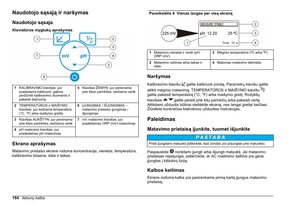 Naudotojo sąsają ir naršymas, Naudotojo sąsaja, Ekrano aprašymas | Naršymas, Paleidimas, Matavimo prietaisą įjunkite, tuomet išjunkite, Kalbos keitimas | Hach-Lange SENSION+ pH3 User Manual | Page 184 / 278