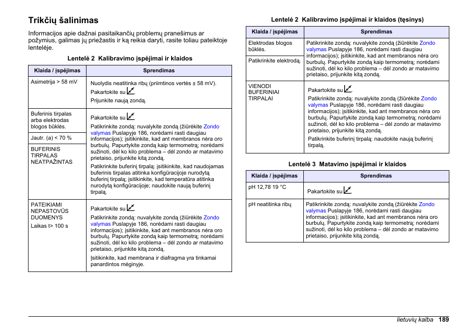 Trikčių šalinimas, Puslapyje | Hach-Lange SENSION+ pH3 User Manual | Page 189 / 278