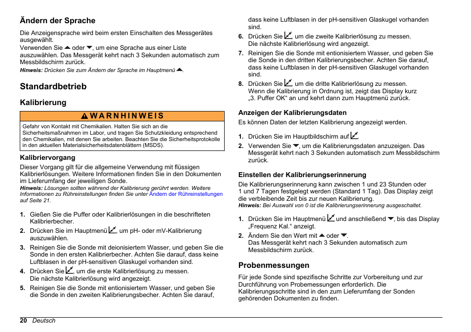 Ändern der sprache, Standardbetrieb, Kalibrierung | Kalibriervorgang, Anzeigen der kalibrierungsdaten, Einstellen der kalibrierungserinnerung, Probenmessungen | Hach-Lange SENSION+ pH3 User Manual | Page 20 / 278