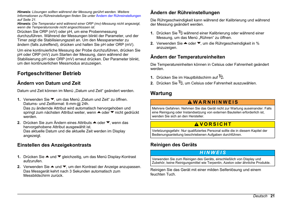 Fortgeschrittener betrieb, Ändern von datum und zeit, Einstellen des anzeigekontrasts | Ändern der rühreinstellungen, Ändern der temperatureinheiten, Wartung, Reinigen des geräts | Hach-Lange SENSION+ pH3 User Manual | Page 21 / 278