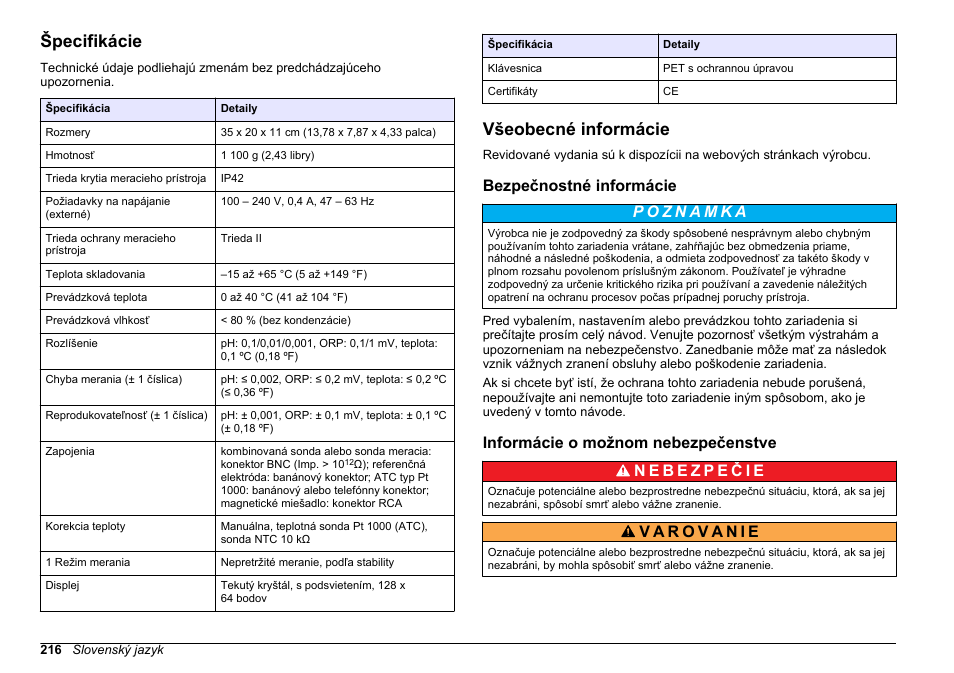 Návod na obsluhu, Špecifikácie, Všeobecné informácie | Bezpečnostné informácie, Informácie o možnom nebezpečenstve, Slovenský jazyk | Hach-Lange SENSION+ pH3 User Manual | Page 216 / 278