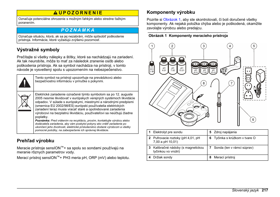 Výstražné symboly, Prehľad výrobku, Komponenty výrobku | Hach-Lange SENSION+ pH3 User Manual | Page 217 / 278