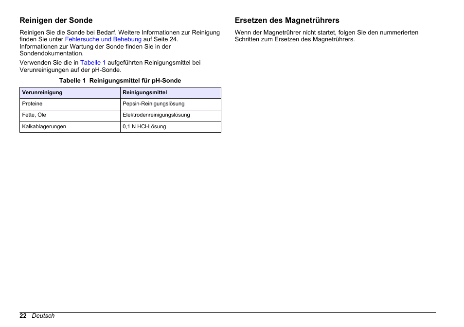 Reinigen der sonde, Ersetzen des magnetrührers | Hach-Lange SENSION+ pH3 User Manual | Page 22 / 278