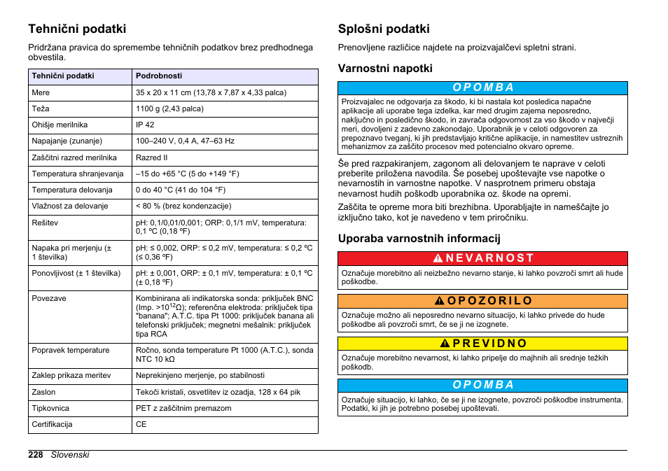 Navodila za uporabo, Tehnični podatki, Splošni podatki | Varnostni napotki, Uporaba varnostnih informacij, Slovenski | Hach-Lange SENSION+ pH3 User Manual | Page 228 / 278