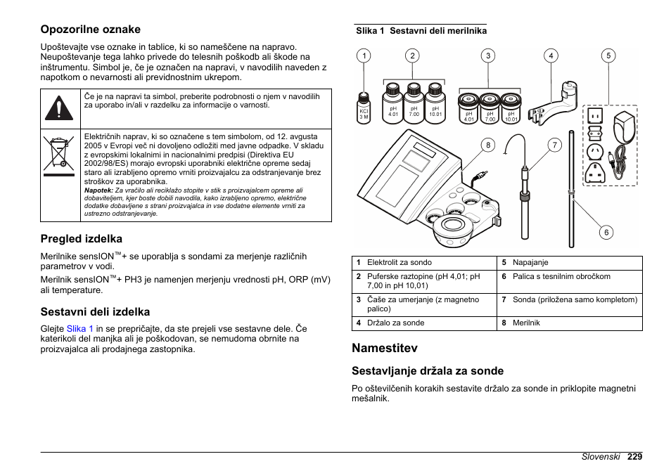 Opozorilne oznake, Pregled izdelka, Sestavni deli izdelka | Namestitev, Sestavljanje držala za sonde | Hach-Lange SENSION+ pH3 User Manual | Page 229 / 278