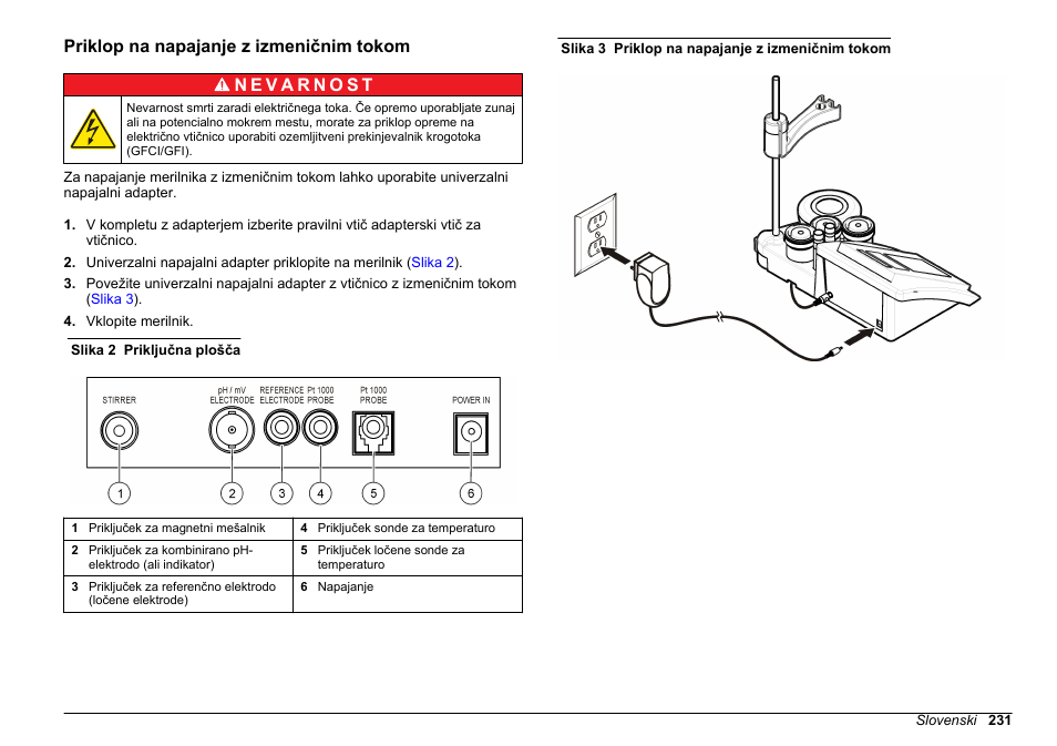 Priklop na napajanje z izmeničnim tokom | Hach-Lange SENSION+ pH3 User Manual | Page 231 / 278