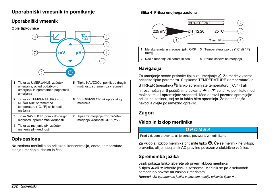 Uporabniški vmesnik in pomikanje, Uporabniški vmesnik, Opis zaslona | Navigacija, Zagon, Vklop in izklop merilnika, Sprememba jezika | Hach-Lange SENSION+ pH3 User Manual | Page 232 / 278