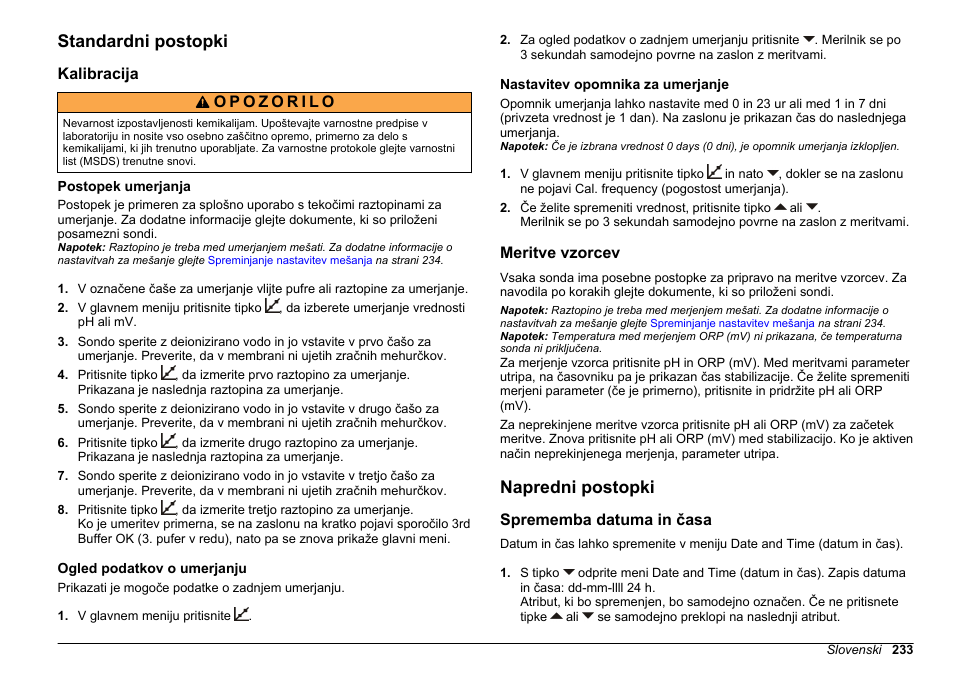 Standardni postopki, Kalibracija, Postopek umerjanja | Ogled podatkov o umerjanju, Nastavitev opomnika za umerjanje, Meritve vzorcev, Napredni postopki, Sprememba datuma in časa | Hach-Lange SENSION+ pH3 User Manual | Page 233 / 278