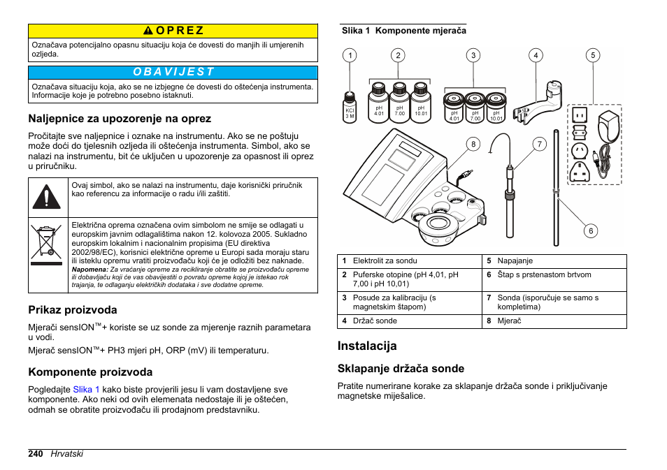 Naljepnice za upozorenje na oprez, Prikaz proizvoda, Komponente proizvoda | Instalacija, Sklapanje držača sonde | Hach-Lange SENSION+ pH3 User Manual | Page 240 / 278