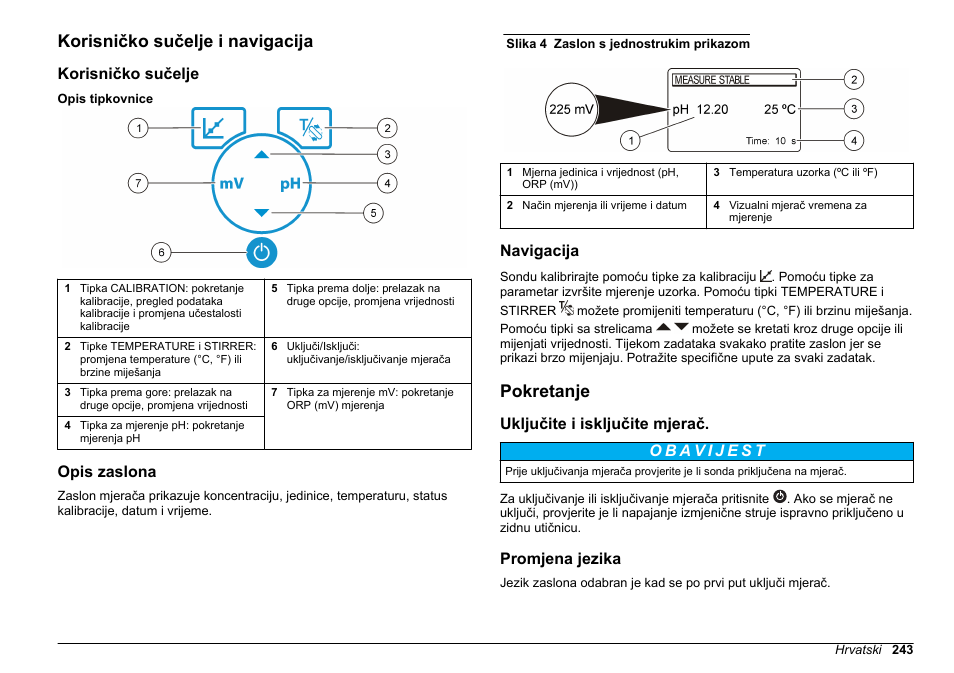 Korisničko sučelje i navigacija, Korisničko sučelje, Opis zaslona | Navigacija, Pokretanje, Uključite i isključite mjerač, Promjena jezika | Hach-Lange SENSION+ pH3 User Manual | Page 243 / 278