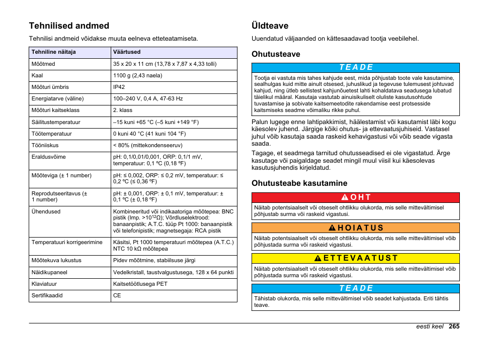 Kasutusjuhend, Tehnilised andmed, Üldteave | Ohutusteave, Ohutusteabe kasutamine, Eesti keel, Ohutusteabe kasutamine o h t | Hach-Lange SENSION+ pH3 User Manual | Page 265 / 278