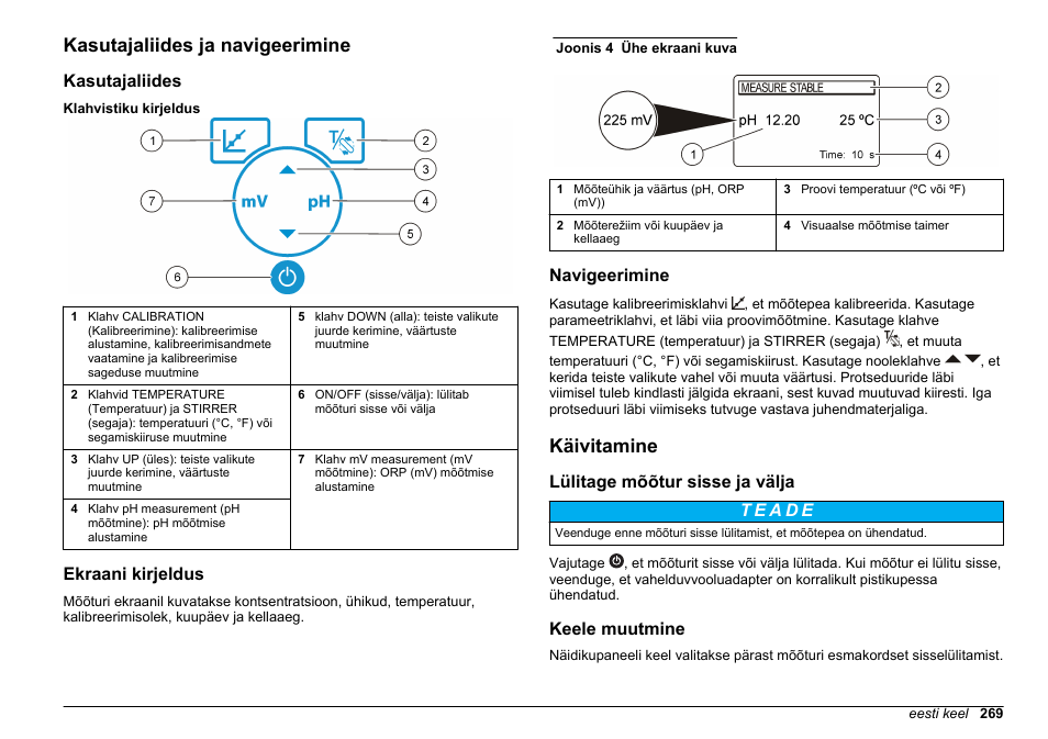 Kasutajaliides ja navigeerimine, Kasutajaliides, Ekraani kirjeldus | Navigeerimine, Käivitamine, Lülitage mõõtur sisse ja välja, Keele muutmine | Hach-Lange SENSION+ pH3 User Manual | Page 269 / 278