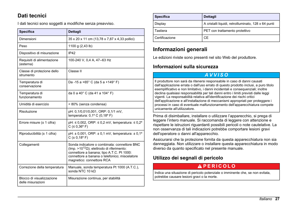 Manuale dell'utente, Dati tecnici, Informazioni generali | Informazioni sulla sicurezza, Utilizzo dei segnali di pericolo, Italiano | Hach-Lange SENSION+ pH3 User Manual | Page 27 / 278