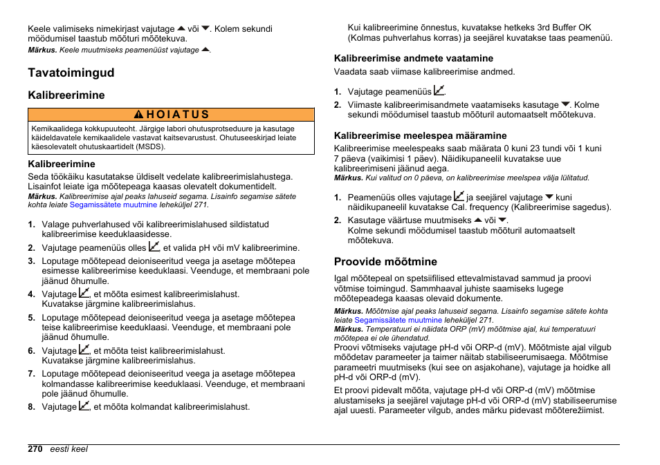 Tavatoimingud, Kalibreerimine, Kalibreerimise andmete vaatamine | Kalibreerimise meelespea määramine, Proovide mõõtmine | Hach-Lange SENSION+ pH3 User Manual | Page 270 / 278