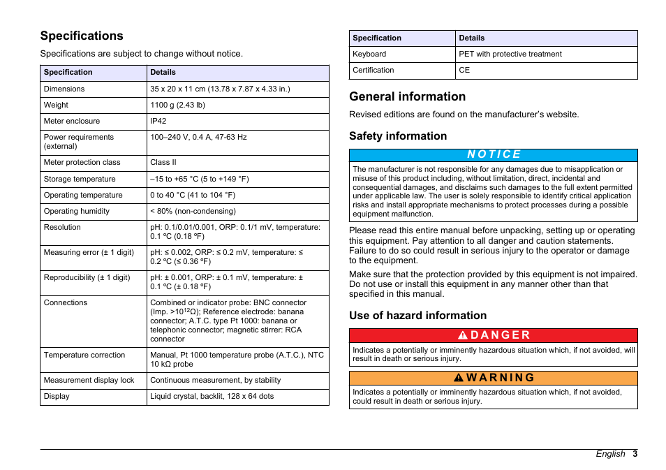 User manual, Specifications, General information | Safety information, Use of hazard information, English | Hach-Lange SENSION+ pH3 User Manual | Page 3 / 278