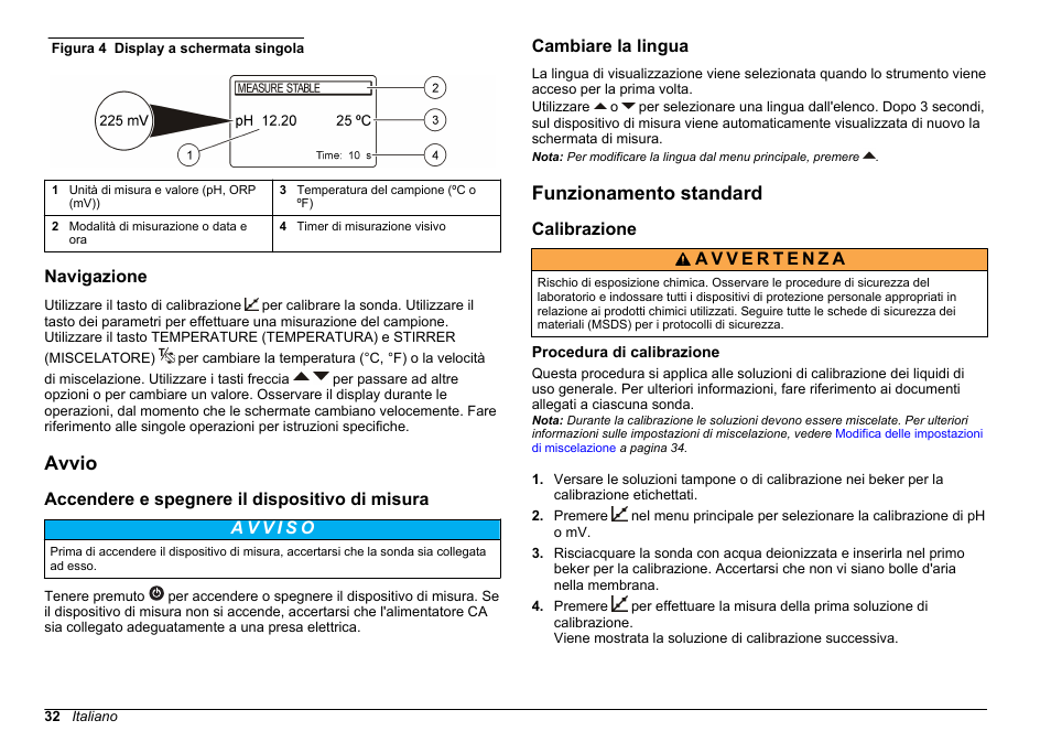 Navigazione, Avvio, Accendere e spegnere il dispositivo di misura | Cambiare la lingua, Funzionamento standard, Calibrazione, Procedura di calibrazione | Hach-Lange SENSION+ pH3 User Manual | Page 32 / 278