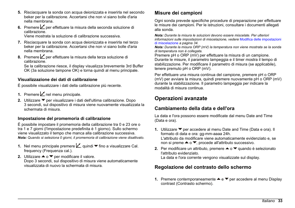 Visualizzazione dei dati di calibrazione, Impostazione del promemoria di calibrazione, Misure dei campioni | Operazioni avanzate, Cambiamento della data e dell'ora, Regolazione del contrasto dello schermo | Hach-Lange SENSION+ pH3 User Manual | Page 33 / 278