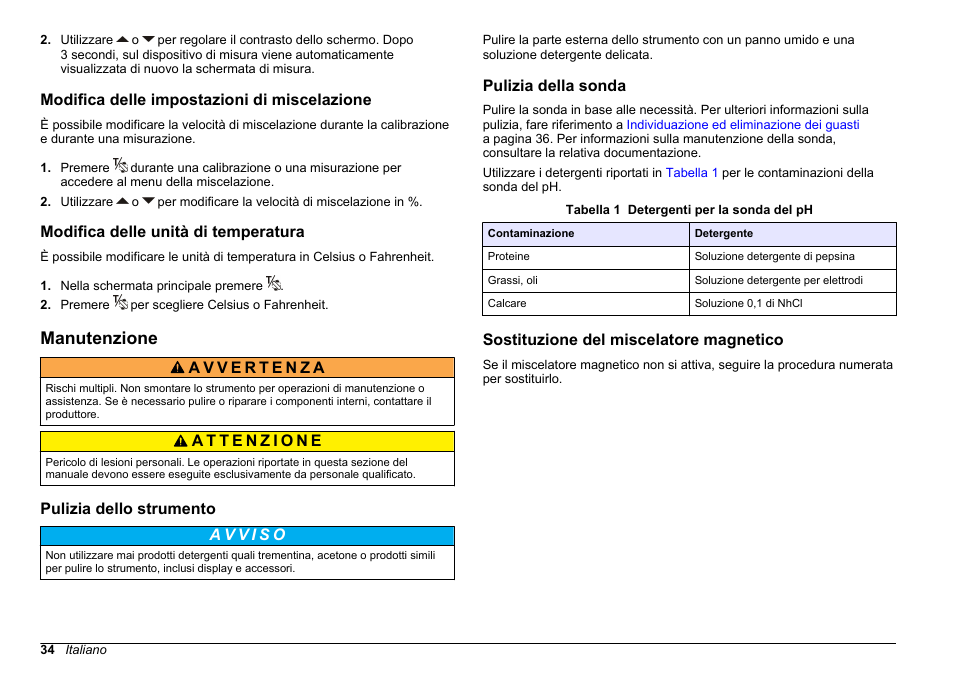 Modifica delle impostazioni di miscelazione, Modifica delle unità di temperatura, Manutenzione | Pulizia dello strumento, Pulizia della sonda, Sostituzione del miscelatore magnetico | Hach-Lange SENSION+ pH3 User Manual | Page 34 / 278