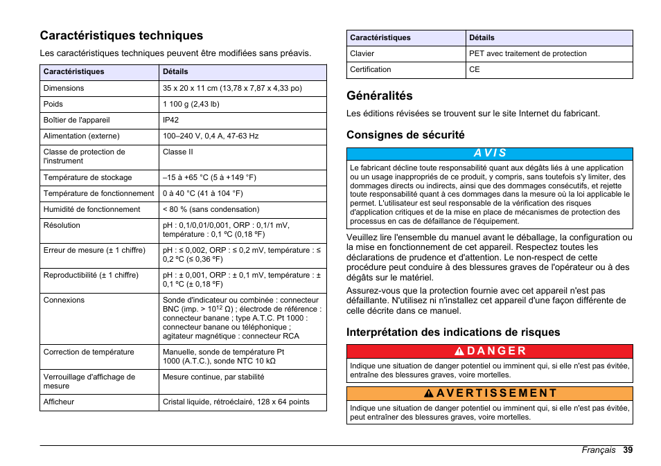 Manuel d'utilisation, Caractéristiques techniques, Généralités | Consignes de sécurité, Interprétation des indications de risques, Français | Hach-Lange SENSION+ pH3 User Manual | Page 39 / 278