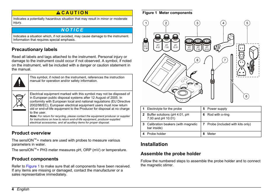 Precautionary labels, Product overview, Product components | Installation, Assemble the probe holder | Hach-Lange SENSION+ pH3 User Manual | Page 4 / 278
