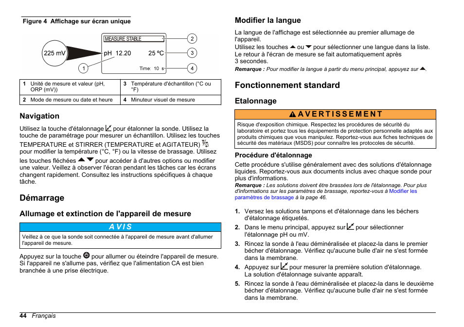 Navigation, Démarrage, Allumage et extinction de l'appareil de mesure | Modifier la langue, Fonctionnement standard, Etalonnage, Procédure d'étalonnage | Hach-Lange SENSION+ pH3 User Manual | Page 44 / 278