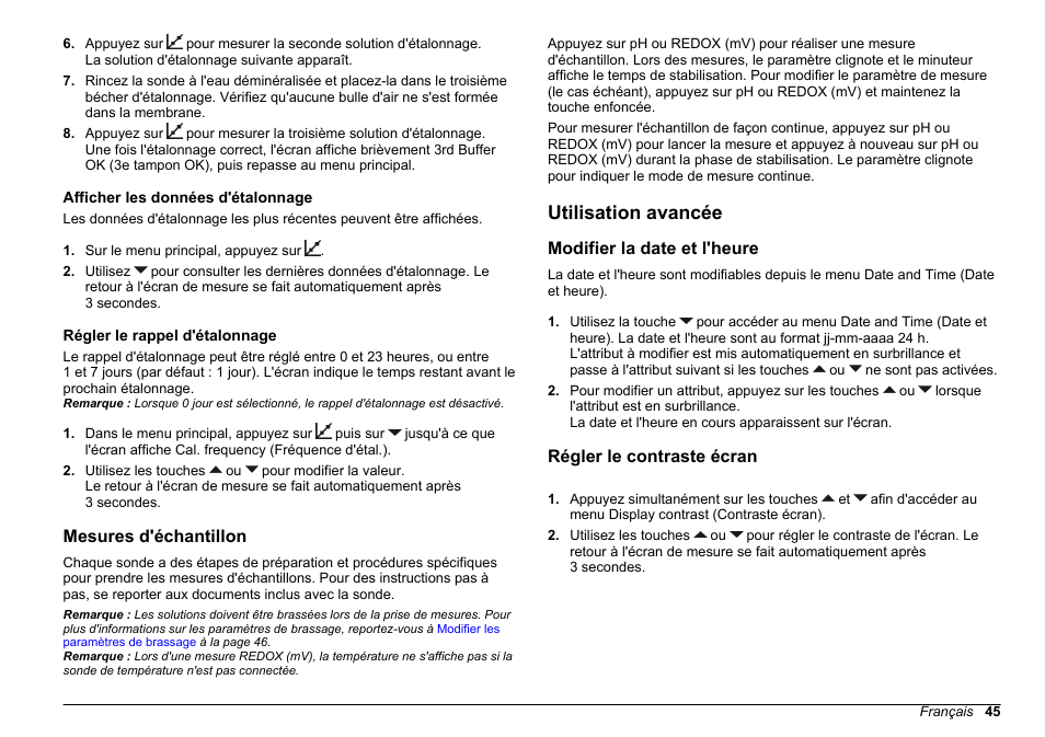 Afficher les données d'étalonnage, Régler le rappel d'étalonnage, Mesures d'échantillon | Utilisation avancée, Modifier la date et l'heure, Régler le contraste écran | Hach-Lange SENSION+ pH3 User Manual | Page 45 / 278