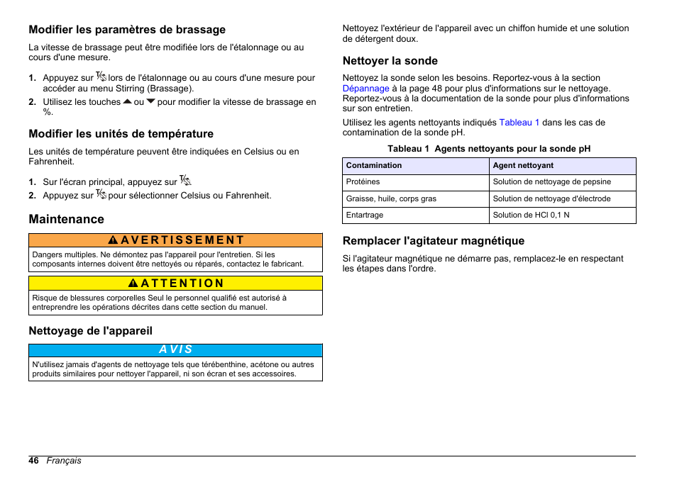 Modifier les paramètres de brassage, Modifier les unités de température, Maintenance | Nettoyage de l'appareil, Nettoyer la sonde, Remplacer l'agitateur magnétique | Hach-Lange SENSION+ pH3 User Manual | Page 46 / 278