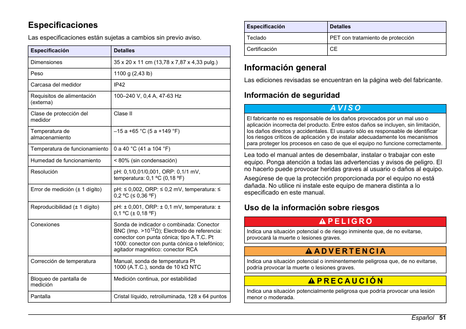 Manual del usuario, Especificaciones, Información general | Información de seguridad, Uso de la información sobre riesgos, Español | Hach-Lange SENSION+ pH3 User Manual | Page 51 / 278