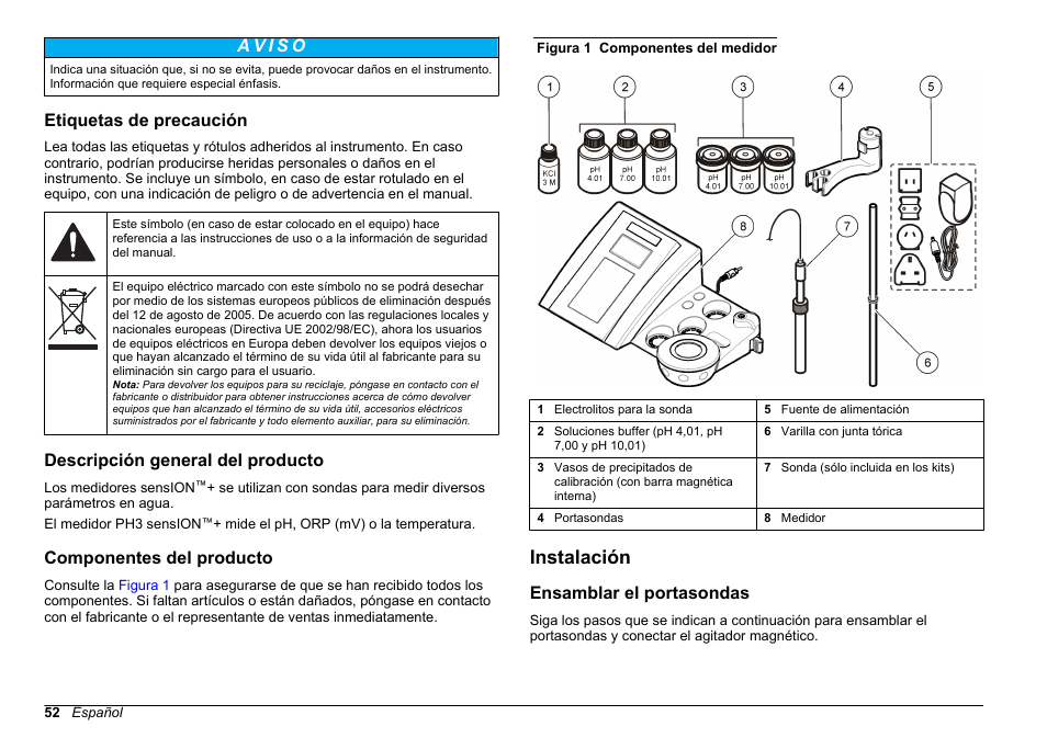 Etiquetas de precaución, Descripción general del producto, Componentes del producto | Instalación, Ensamblar el portasondas | Hach-Lange SENSION+ pH3 User Manual | Page 52 / 278