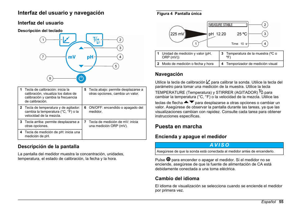 Interfaz del usuario y navegación, Interfaz del usuario, Descripción de la pantalla | Navegación, Puesta en marcha, Encienda y apague el medidor, Cambio del idioma | Hach-Lange SENSION+ pH3 User Manual | Page 55 / 278