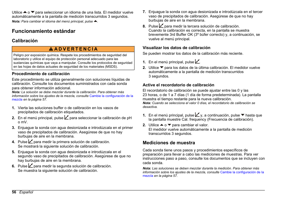 Funcionamiento estándar, Calibración, Procedimiento de calibración | Visualizar los datos de calibración, Active el recordatorio de calibración, Mediciones de muestra | Hach-Lange SENSION+ pH3 User Manual | Page 56 / 278