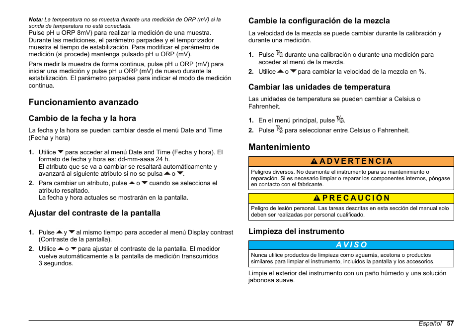Funcionamiento avanzado, Cambio de la fecha y la hora, Ajustar del contraste de la pantalla | Cambie la configuración de la mezcla, Cambiar las unidades de temperatura, Mantenimiento, Limpieza del instrumento, Cambie la configuración de la, Mezcla | Hach-Lange SENSION+ pH3 User Manual | Page 57 / 278