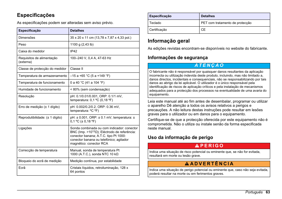 Manual do utilizador, Especificações, Informação geral | Informações de segurança, Uso da informação de perigo, Português | Hach-Lange SENSION+ pH3 User Manual | Page 63 / 278