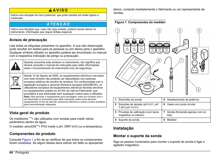 Avisos de precaução, Vista geral do produto, Componentes do produto | Instalação, Montar o suporte da sonda | Hach-Lange SENSION+ pH3 User Manual | Page 64 / 278