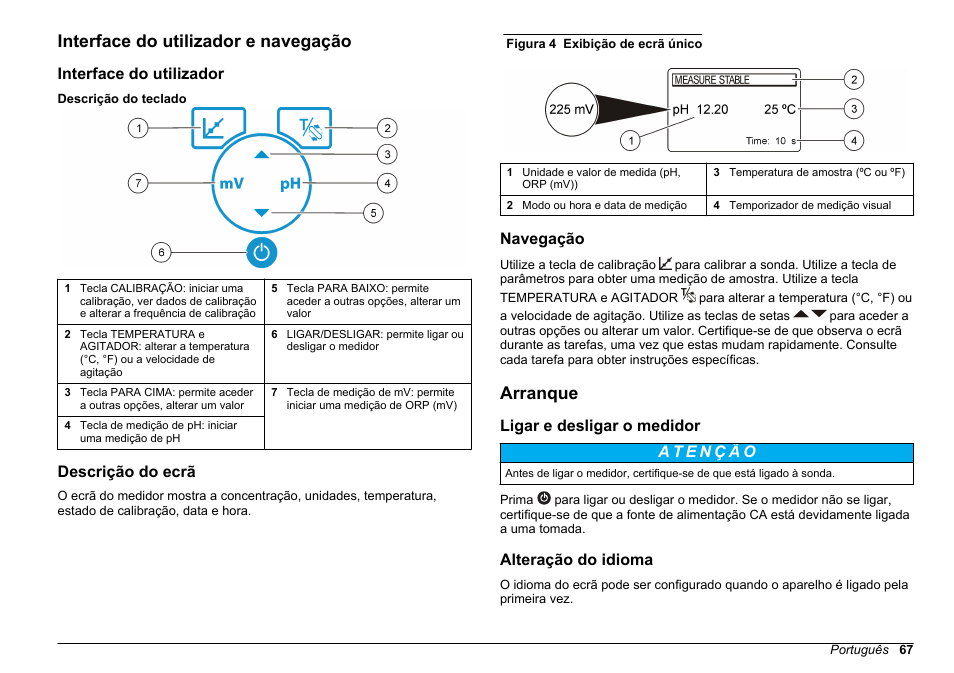 Interface do utilizador e navegação, Interface do utilizador, Descrição do ecrã | Navegação, Arranque, Ligar e desligar o medidor, Alteração do idioma | Hach-Lange SENSION+ pH3 User Manual | Page 67 / 278