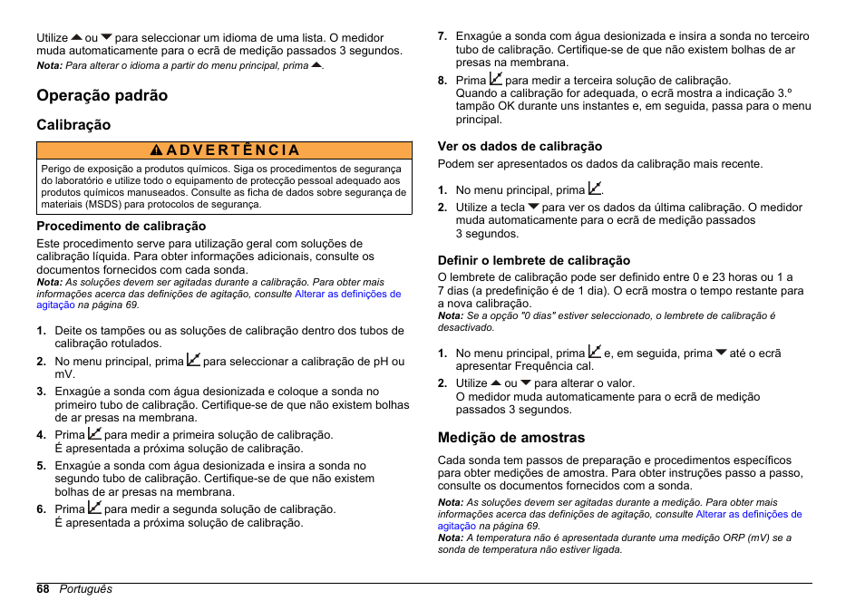 Operação padrão, Calibração, Procedimento de calibração | Ver os dados de calibração, Definir o lembrete de calibração, Medição de amostras | Hach-Lange SENSION+ pH3 User Manual | Page 68 / 278