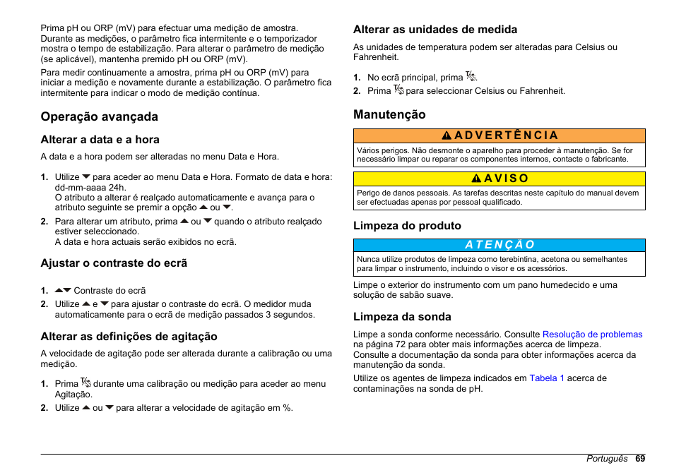 Operação avançada, Alterar a data e a hora, Ajustar o contraste do ecrã | Alterar as definições de agitação, Alterar as unidades de medida, Manutenção, Limpeza do produto, Limpeza da sonda, Alterar as definições de, Agitação | Hach-Lange SENSION+ pH3 User Manual | Page 69 / 278