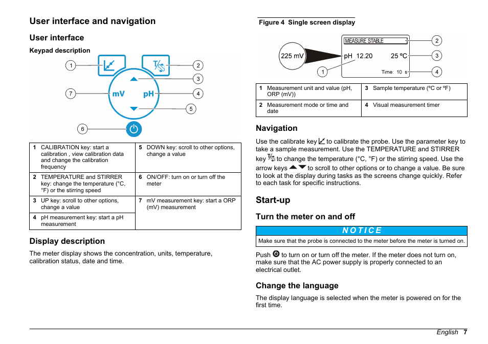 User interface and navigation, User interface, Display description | Navigation, Start-up, Turn the meter on and off, Change the language | Hach-Lange SENSION+ pH3 User Manual | Page 7 / 278