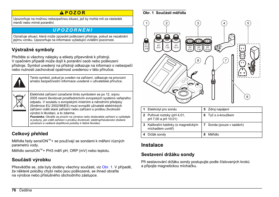 Výstražné symboly, Celkový přehled, Součásti výrobku | Instalace, Sestavení držáku sondy | Hach-Lange SENSION+ pH3 User Manual | Page 76 / 278