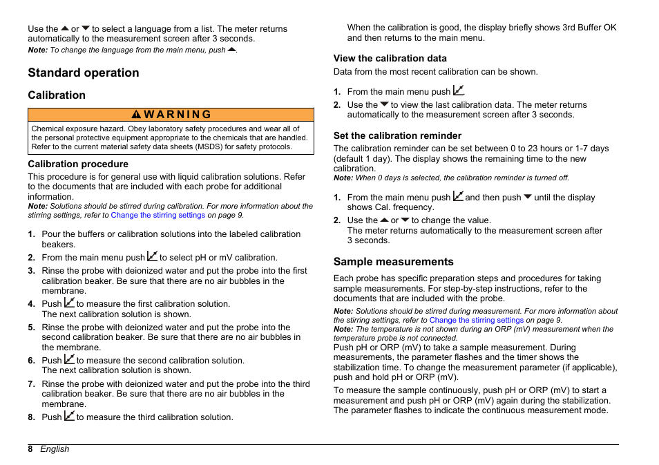 Standard operation, Calibration, Calibration procedure | View the calibration data, Set the calibration reminder, Sample measurements | Hach-Lange SENSION+ pH3 User Manual | Page 8 / 278