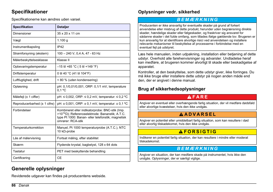 Brugsanvisning, Specifikationer, Generelle oplysninger | Oplysninger vedr. sikkerhed, Brug af sikkerhedsoplysninger, Dansk | Hach-Lange SENSION+ pH3 User Manual | Page 86 / 278