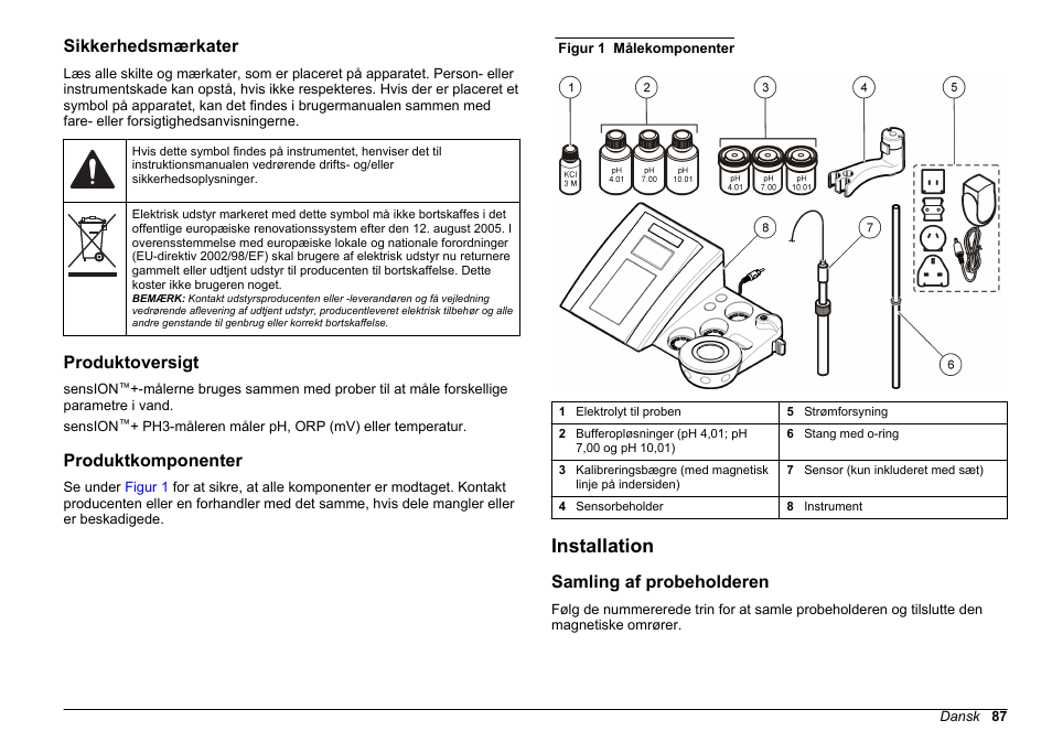 Sikkerhedsmærkater, Produktoversigt, Produktkomponenter | Installation, Samling af probeholderen | Hach-Lange SENSION+ pH3 User Manual | Page 87 / 278