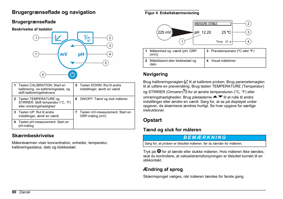 Brugergrænseflade og navigation, Brugergrænseflade, Skærmbeskrivelse | Navigering, Opstart, Tænd og sluk for måleren, Ændring af sprog | Hach-Lange SENSION+ pH3 User Manual | Page 90 / 278