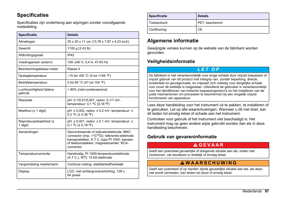 Gebruikershandleiding, Specificaties, Algemene informatie | Veiligheidsinformatie, Gebruik van gevareninformatie, Nederlands | Hach-Lange SENSION+ pH3 User Manual | Page 97 / 278