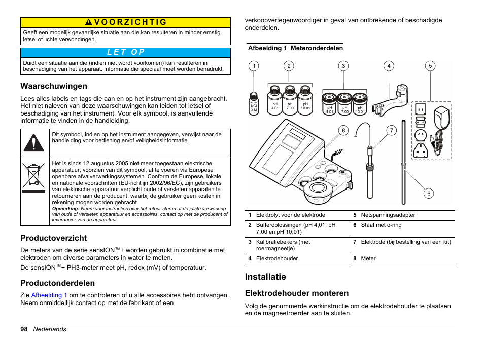 Waarschuwingen, Productoverzicht, Productonderdelen | Installatie, Elektrodehouder monteren | Hach-Lange SENSION+ pH3 User Manual | Page 98 / 278