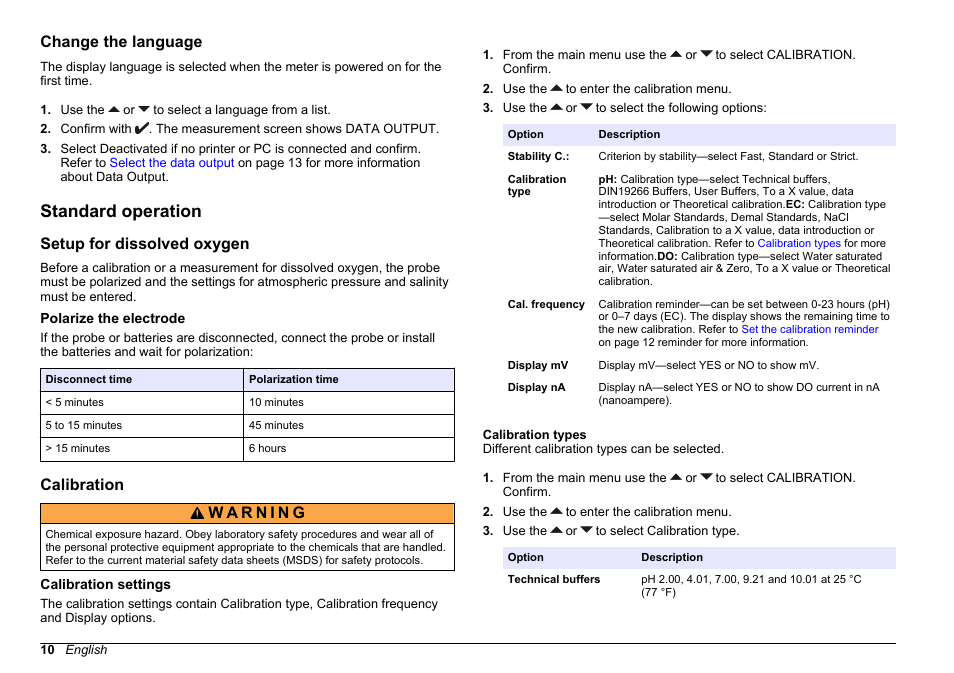Change the language, Standard operation, Setup for dissolved oxygen | Polarize the electrode, Calibration, Calibration settings, Calibration types | Hach-Lange SENSION+ MM378 User Manual | Page 10 / 520