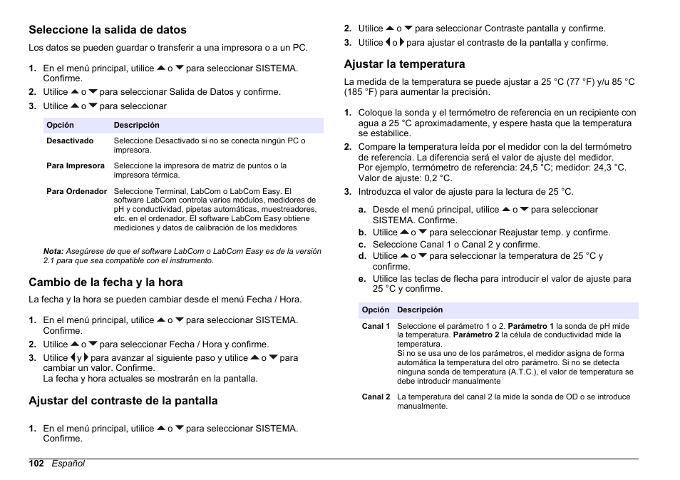 Seleccione la salida de datos, Cambio de la fecha y la hora, Ajustar del contraste de la pantalla | Ajustar la temperatura | Hach-Lange SENSION+ MM378 User Manual | Page 102 / 520
