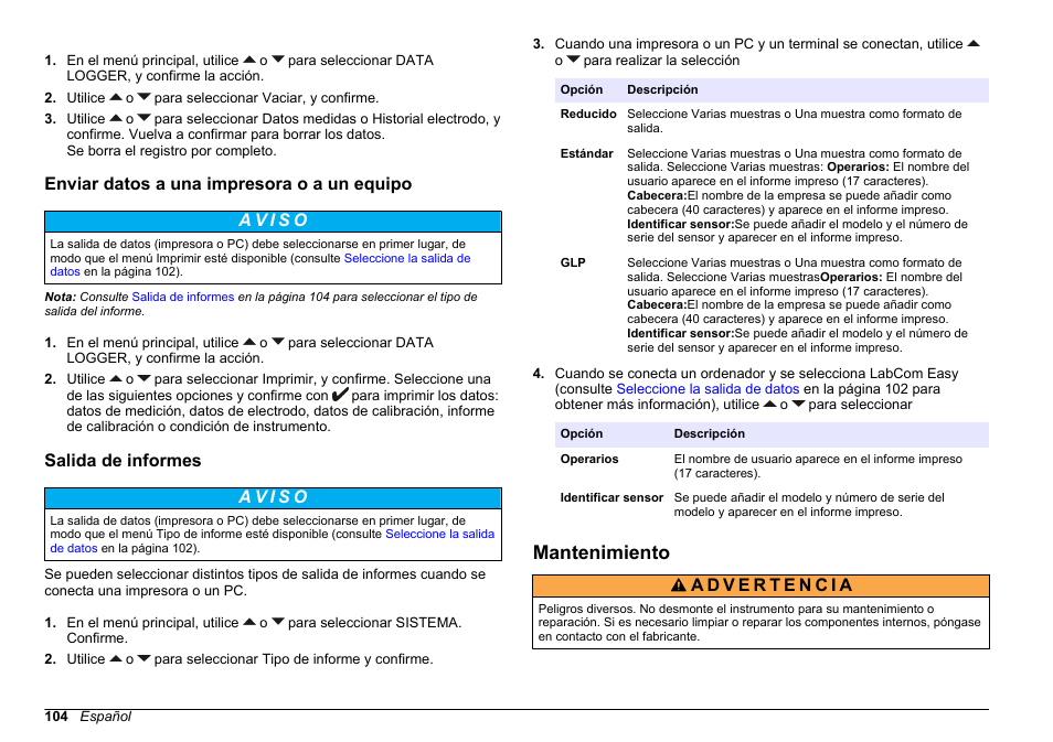 Enviar datos a una impresora o a un equipo, Salida de informes, Mantenimiento | Hach-Lange SENSION+ MM378 User Manual | Page 104 / 520