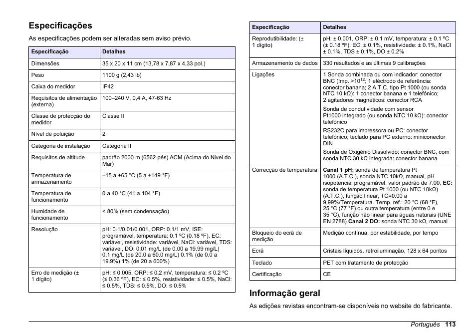 Manual do utilizador, Especificações, Informação geral | Português | Hach-Lange SENSION+ MM378 User Manual | Page 113 / 520
